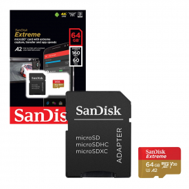 SanDisk Extreme Micro SDXC Memory Card Class 10 UHS-1 U3 UHD 4K A2 160MB/s with Full Size SD Card Adapter – 64GB