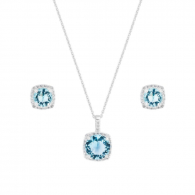 Sterling Silver 925 Cubic Zirconia Aqua Square Halo Set – Gift Boxed