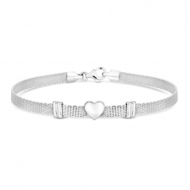 Sterling Silver 925 Polished Heart Mesh Bracelet