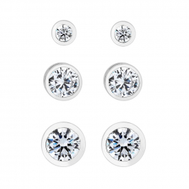 Sterling Silver 925 White Cubic Zirconia Besel Set 3 Pack Stud Earring
